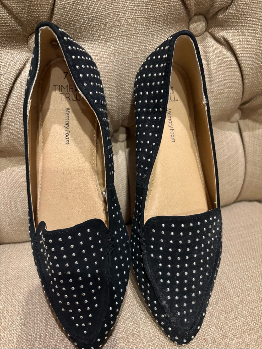 Studded Black vegan suede memory foam insole Slip-On Flats